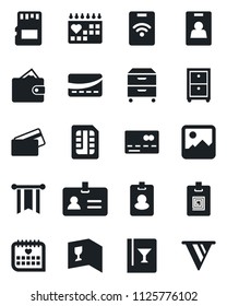 Set of vector isolated black icon - credit card vector, identity, medical calendar, gallery, sd, sim, archive box, wine, pass, wallet, pennon