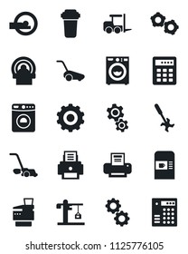 Set of vector isolated black icon - coffee machine vector, washer, fork loader, gear, lawn mower, ripper, tomography, printer, copier, crane, water filter, combination lock