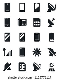 Set of vector isolated black icon - satellite antenna vector, mobile phone, virus, cell, low battery, back, sim, mute, cellular signal, office, sun panel