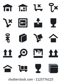 Set of vector isolated black icon - fragile vector, cargo, warehouse storage, up side sign, no trolley, hook, package, search, scanner, blank box
