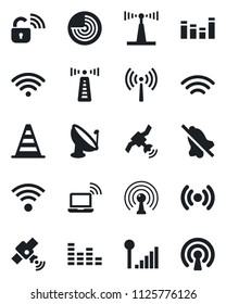 Set of vector isolated black icon - antenna vector, wireless notebook, border cone, radar, satellite, equalizer, mute, cellular signal, lock