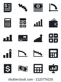 Set of vector isolated black icon - credit card vector, growth statistic, calculator, crisis graph, receipt, bar, wallet, cash, presentation