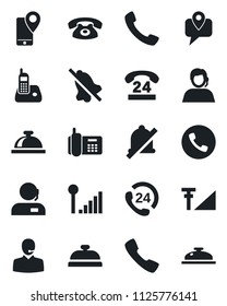 Set of vector isolated black icon - phone vector, reception bell, office, 24 hours, support, mobile tracking, radio, call, mute, cellular signal