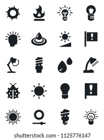 Set of vector isolated black icon - sun vector, bulb, lady bug, fire, important flag, brightness, desk lamp, water, energy saving, shining head, idea