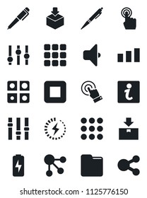 Set of vector isolated black icon - package vector, sorting, settings, touch screen, stop button, menu, folder, charge, application, pen, sound, information, social media