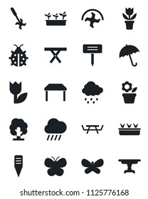 Set of vector isolated black icon - umbrella vector, flower in pot, ripper, tree, butterfly, lady bug, seedling, rain, plant label, picnic table, tulip