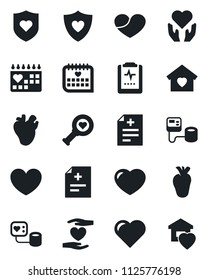 Set of vector isolated black icon - heart vector, diagnosis, blood pressure, diagnostic, shield, hand, real, medical calendar, pulse clipboard, sweet home