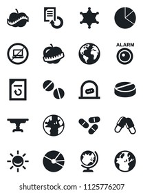 Set of vector isolated black icon - no laptop vector, ticket office, globe, document reload, pills, diet, earth, pie graph, table, police, alarm led