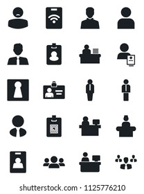 Set of vector isolated black icon - female vector, reception, manager, identity card, place, patient, user, desk, estate agent, pass, group