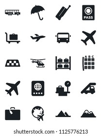 Set of vector isolated black icon - plane vector, taxi, suitcase, baggage trolley, airport bus, umbrella, passport, ladder car, helicopter, seat map, luggage storage, scales, globe, mountains