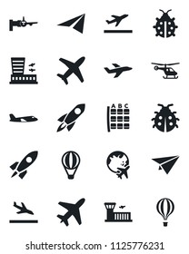 Set of vector isolated black icon - plane vector, departure, arrival, boarding, helicopter, seat map, globe, airport building, lady bug, rocket, paper, air balloon
