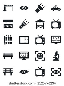 Set of vector isolated black icon - barrier vector, tv, alarm car, seat map, bench, monitor pulse, microscope, eye, torch, plan, alcove, scan