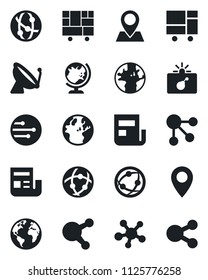 Set of vector isolated black icon - satellite antenna vector, bomb in case, globe, earth, pin, consolidated cargo, network, share, news, social media