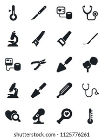 Set of vector isolated black icon - trowel vector, pruner, saw, stethoscope, blood pressure, thermometer, heart diagnostic, microscope, scalpel, microphone