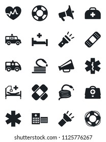 Set of vector isolated black icon - hose vector, heart pulse, doctor case, patch, ambulance star, car, hospital bed, loudspeaker, torch, crisis management