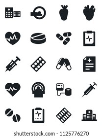 Set of vector isolated black icon - heart pulse vector, diagnosis, syringe, blood pressure, pills, blister, tomography, real, clipboard, hospital