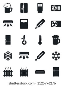 Set of vector isolated black icon - thermometer vector, heater, air conditioner, fridge, drink, beer, snowflake