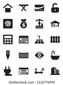 Set of vector isolated black icon - well vector, plant label, picnic table, cargo container, warehouse storage, route, calculator, eye id, fingerprint, calendar, lock, bathroom, credit card