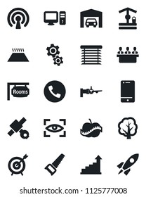 Set of vector isolated black icon - phone vector, boarding, growth statistic, tree, saw, well, diet, satellite, cell, meeting, garage, rooms, wireless, pc, gear, warm floor, jalousie, eye scan