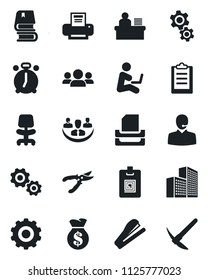Set of vector isolated black icon - alarm clock vector, gear, office chair, pruner, clipboard, company, building, identity card, support, manager desk, printer, paper tray, book, stapler, group