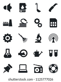 Set of vector isolated black icon - gear vector, rake, watering can, hose, garden knife, blood test vial, microscope, tomography, radio, antenna, speaker, paper pin, sim, notebook pc, factory, ladle