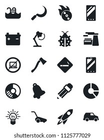Set of vector isolated black icon - no laptop vector, smoking place, mobile phone, factory, circle chart, lawn mower, lady bug, sickle, axe, flame disk, bell, desk lamp, pencil, pool, battery, idea
