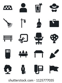 Set of vector isolated black icon - taxi vector, suitcase, meeting, trowel, rake, tree, bench, garden light, themes, user, cut, manager, fruit, table, drink, phyto bar, dress code, intercome, flag