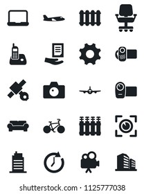 Set of vector isolated black icon - camera vector, plane, document, bike, satellite, video, radio phone, settings, notebook pc, cushioned furniture, city house, radiator, eye scan, clock, building