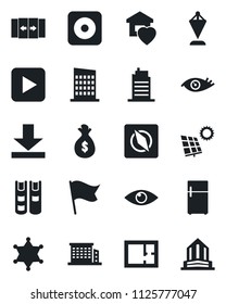 Set of vector isolated black icon - automatic door vector, pennant, eye, play button, rec, download, compass, book, sun panel, plan, office building, sweet home, city house, police, fridge, flag
