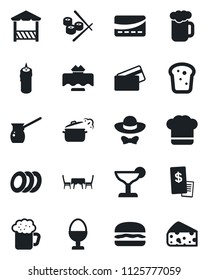Set of vector isolated black icon - restaurant table vector, cook hat, cocktail, beer, plates, egg stand, bread, candle, cafe, dress code, alcove, credit card, receipt, hamburger, steaming pan