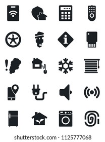 Set of vector isolated black icon - mobile tracking vector, home control, eco house, power plug, fan, remote, wireless, snowflake, washer, smoke detector, energy saving bulb, sound, jalousie, fridge
