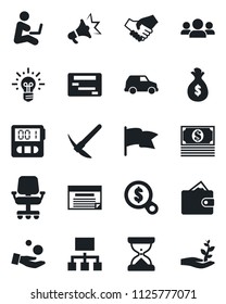 Set of vector isolated black icon - stopwatch vector, group, handshake, wallet, money bag, office chair, search, investment, idea, flag, cash, car, schedule, hierarchy, advertising, hard work