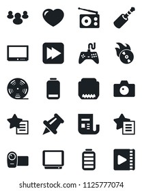 Set of vector isolated black icon - camera vector, reel, flame disk, radio, news, gamepad, tv, video, group, favorites list, heart, paper pin, battery, low, fast forward, hdmi, jack connector