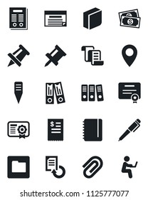 Set of vector isolated black icon - contract vector, office binder, notepad, drawing pin, document reload, plant label, cash, folder, paper clip, blank box, pen, restaurant receipt, schedule