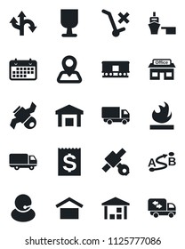 Set of vector isolated black icon - route vector, navigation, store, satellite, support, car delivery, term, receipt, sea port, fragile, warehouse storage, no trolley, flammable, railroad, moving