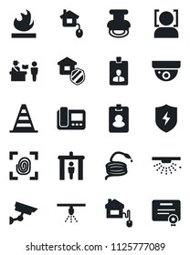 Set of vector isolated black icon - passport control vector, security gate, border cone, identity card, hose, flammable, protect, face id, stamp, estate insurance, home, fingerprint, intercome, pass