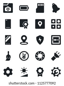 Set of vector isolated black icon - no mobile vector, phone back, camera, protect, settings, themes, bell, scanner, sd, torch, brightness, place tag, photo gallery, battery, application, sertificate