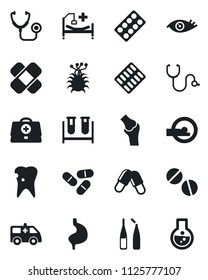 Set of vector isolated black icon - doctor case vector, stethoscope, blood test vial, pills, blister, ampoule, patch, tomography, ambulance car, hospital bed, stomach, caries, eye, joint, virus