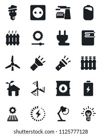 Set of vector isolated black icon - factory vector, oil barrel, torch, brightness, battery, charge, desk lamp, sun panel, windmill, heater, eco house, socket, power plug, water, radiator, idea
