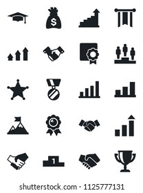 Set of vector isolated black icon - handshake vector, growth statistic, pedestal, medal, graduate, money bag, sertificate, bar graph, police, arrow up, motivation, pennon, award cup