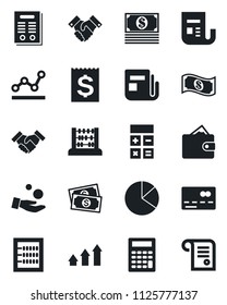 Set of vector isolated black icon - credit card vector, calculator, abacus, cash, receipt, news, pie graph, point, handshake, contract, arrow up, wallet, investment