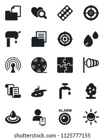 Set of vector isolated black icon - wind vector, contract, heart diagnostic, pills blister, patient, folder document, reel, antenna, application, target, pond, water supply, fruit tree, alarm led