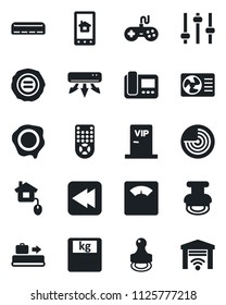 Set of vector isolated black icon - baggage conveyor vector, radar, stamp, scales, gamepad, remote control, rewind, tuning, air conditioner, vip zone, home, intercome, app, garage gate