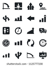 Set of vector isolated black icon - elevator vector, left arrow, growth statistic, crisis graph, route, navigation, sorting, update, download, bar, moving, target, up, clock, presentation