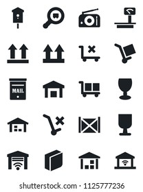 Set of vector isolated black icon - bird house vector, container, fragile, cargo, up side sign, no trolley, warehouse, heavy scales, search, radio, blank box, mailbox, garage gate control