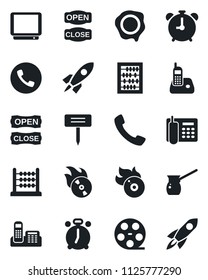 Set of vector isolated black icon - alarm clock vector, phone, abacus, stamp, plant label, reel, flame disk, tv, radio, call, office, open close, turkish coffee, rocket