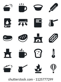 Set of vector isolated black icon - hot cup vector, fire, fireplace, thermometer, coffee, bread, steak, dog, bowl, steaming pan, turkish, water heater, air conditioner, balloon