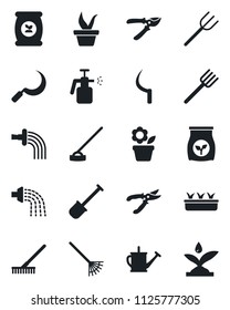 Set of vector isolated black icon - flower in pot vector, shovel, farm fork, rake, seedling, watering can, pruner, hoe, sickle, garden sprayer, fertilizer, irrigation