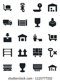 Set of vector isolated black icon - baggage trolley vector, railroad, truck trailer, car delivery, sea port, container, consolidated cargo, fragile, up side sign, no hook, warehouse, package, rack