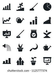 Set of vector isolated black icon - growth statistic vector, seedling, watering can, hoe, sickle, fertilizer, bar graph, pie, career ladder, irrigation, arrow up, presentation